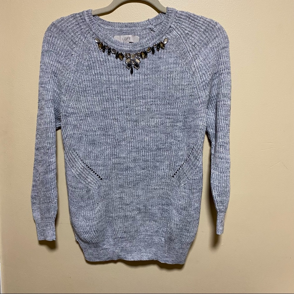 Loft Ann Taylor Gray knit embellished sweater M